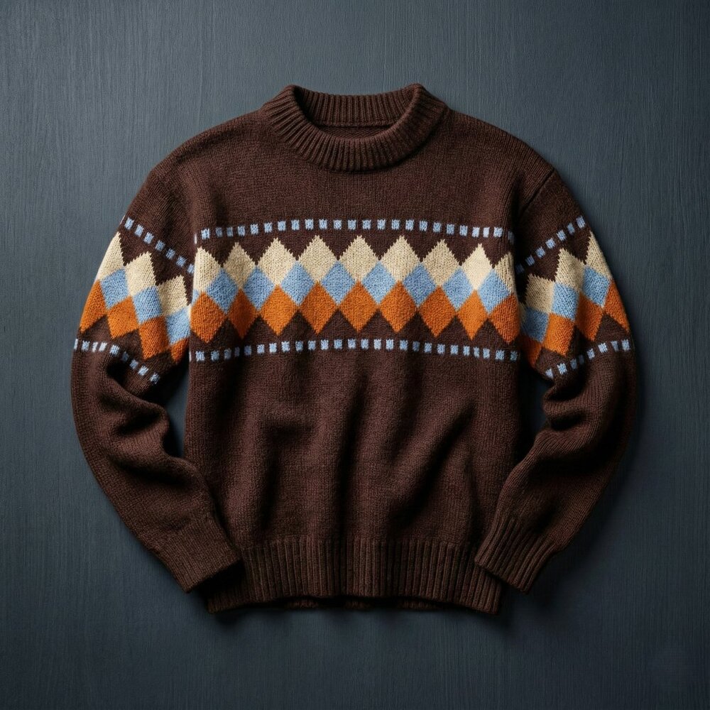 Sutton Place Men M Argyle Sweater Brown Retro Preppy Academia Vintage Knit 80s